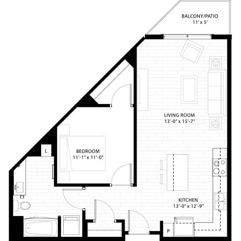 Floor plan for 1 bed, 1 bath, 755 sqft